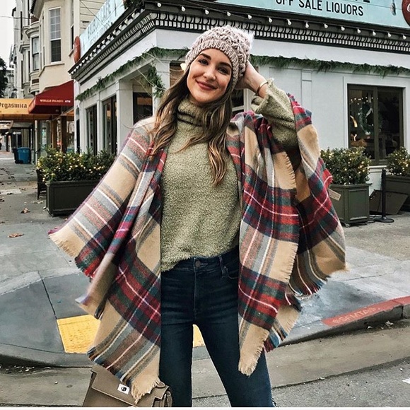 ‘MOLLY’ Camel Tartan Plaid Blanket Scarf - Picture 5 of 8